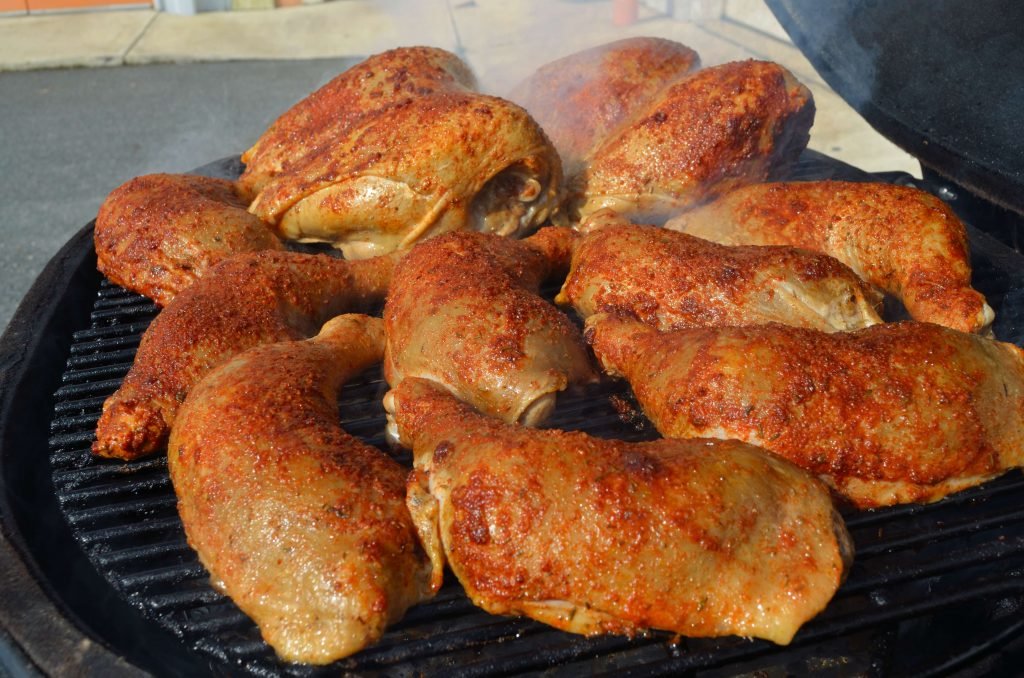 "Hot Smoke" the chicken at 275 to 325 until the internal temp is 160 or so.