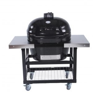 A primo grill with two side tables