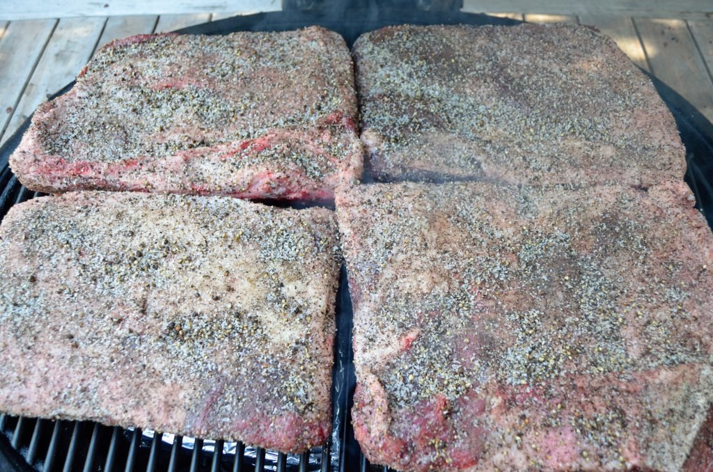 Prepare the Primo for smoking - target a smoking temp of 250 or so. For the Beef Ribs we used a mixture of Oak and Cherry.