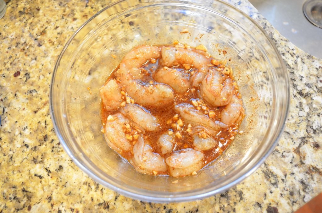 Combine the shrimp and marinade together.  Let it rest in the fridge for an hour or two