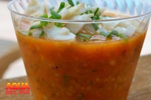 A cup of roasted gazpacho with Maryland Lump Crab Meat