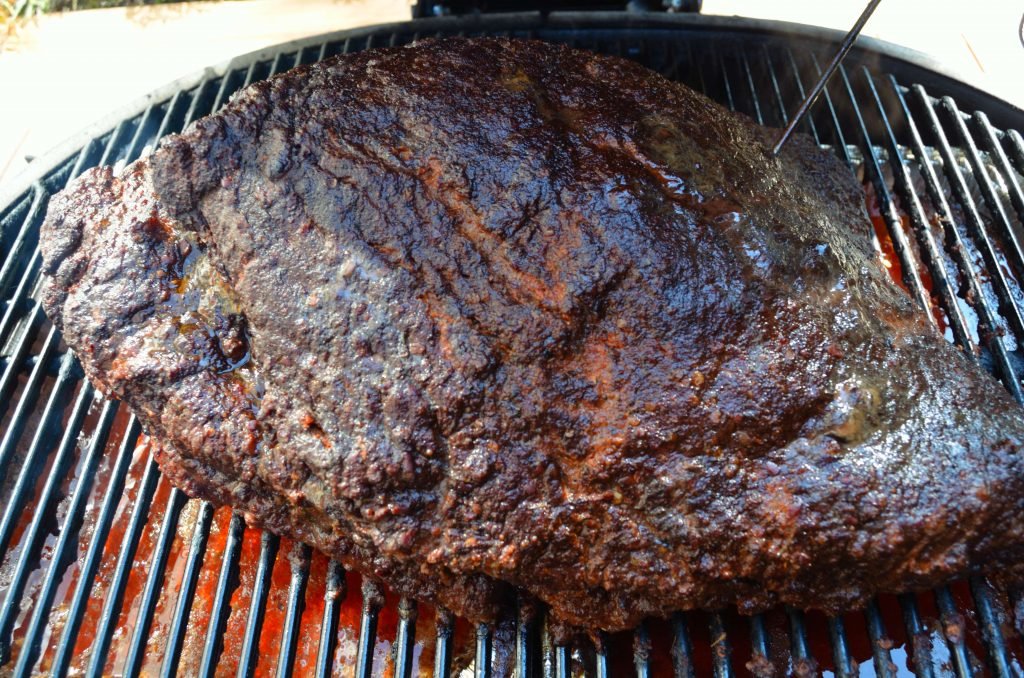Smoke until the internal temp hits 160 or so in the flat.  This may take 4-6 hours.