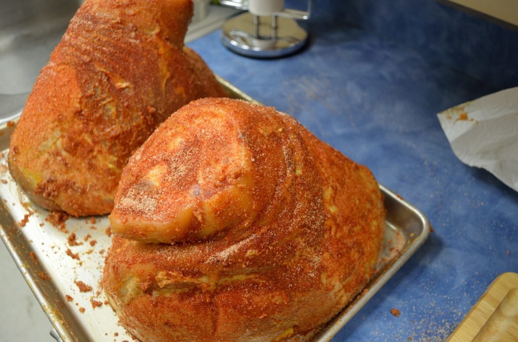 Start by coating the ham with a touch of honey mustard and then a light dusting of rub. For the rub, we mixed: