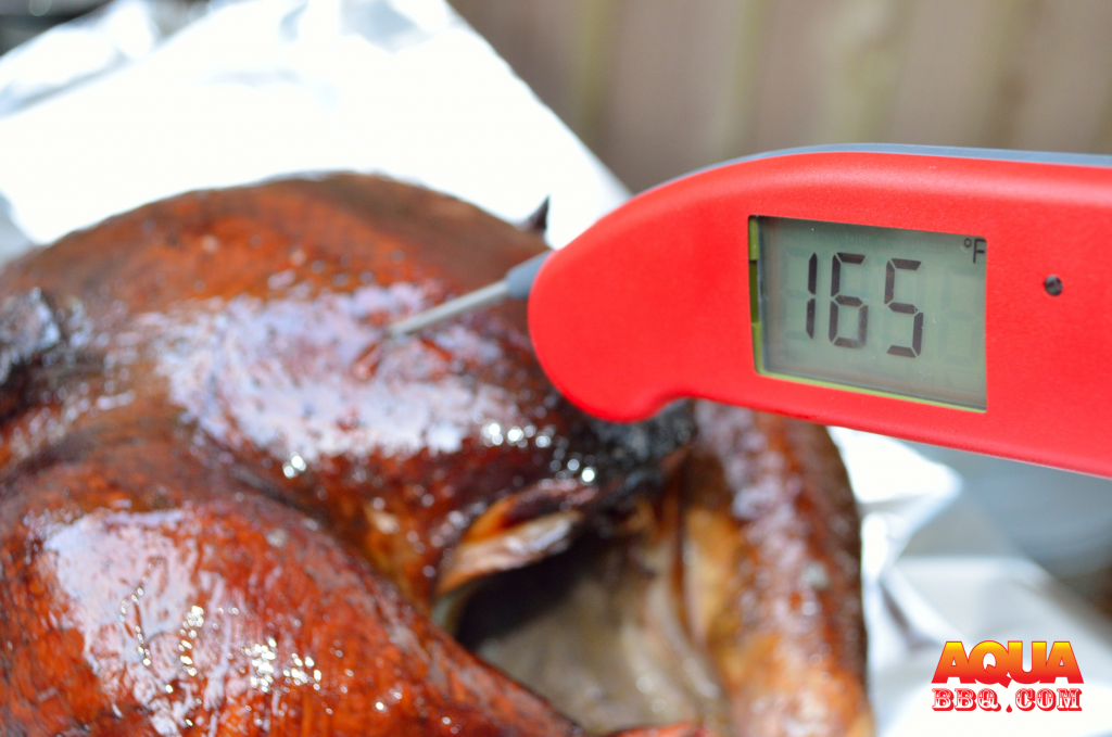 A Thermapen is THE tool needed to ensure a perfect turkey. We hit our target of 165 in the breast!