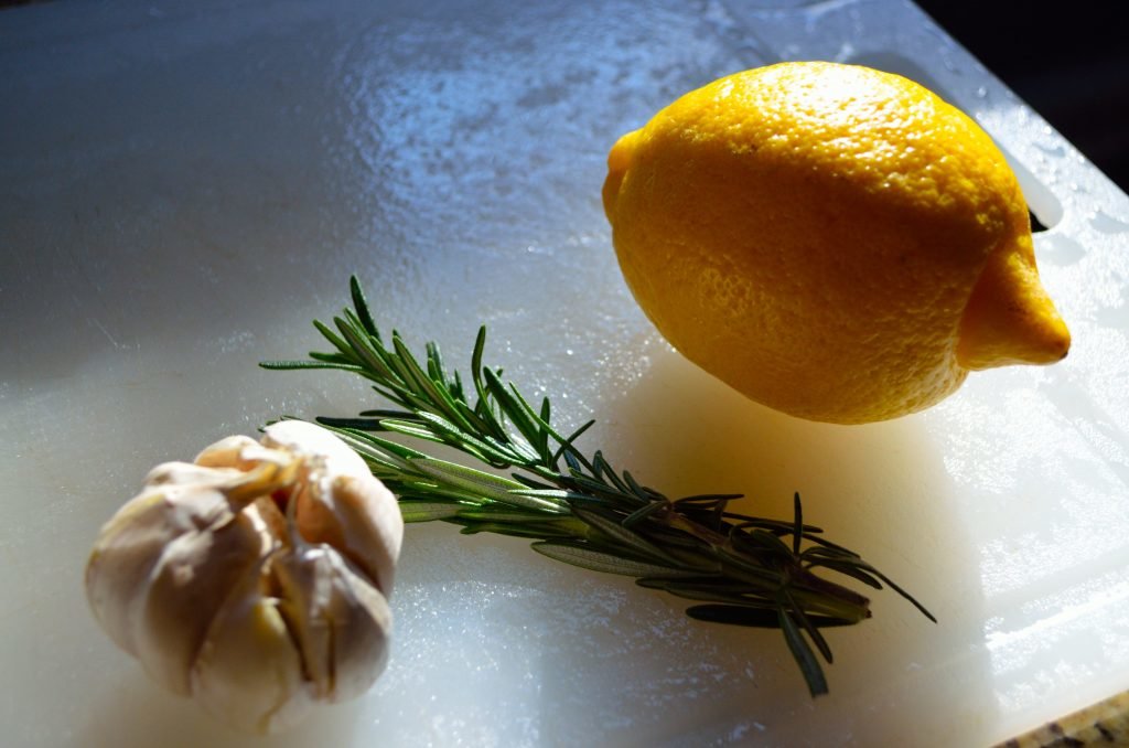 Garlic, Rosemary, and Lemon will be the common flavors of the brine, herb paste, and yogurt serving sauce.