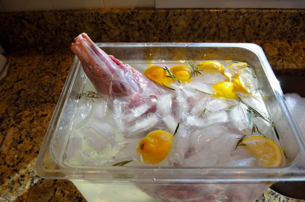 Submerge the leg of lamb in your brine- make sure it's ice cold.  Stick it in the fridge for 6  to 24 hours.